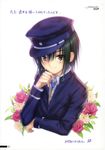  absurdres angel_beats! goto_p green_hair hat highres male_focus naoi_ayato school_uniform solo translation_request yellow_eyes 
