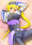  aigis_1518 bad_id bad_pixiv_id blonde_hair blush bodysuit gloves hair_ribbon heterochromia highres jacket long_hair lyrical_nanoha mahou_shoujo_lyrical_nanoha_vivid older ribbon side_ponytail smile vivio 