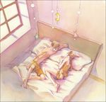  1girl akizuki_isana bed blonde_hair brother_and_sister from_above kagamine_len kagamine_rin lying on_side short_hair siblings traditional_media twins vocaloid watercolor_(medium) 