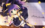  black_legwear broom broom_riding fingerless_gloves garter_belt gloves green_eyes halloween happy_halloween hat highres jack-o'-lantern looking_up necktie original pumpkin purple_hair rei_(rei's_room) smile solo star thighhighs wallpaper witch_hat 