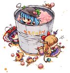  bucket can chain chibi clone cube empty_eyes fang food fruit hat hinanawi_tenshi horns ibuki_suika in_container in_food jitome long_hair minigirl multiple_girls nagae_iku o_o okome_(kome_kuma) peach pyramid_(geometry) short_hair touhou 