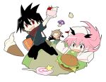  &gt;_&lt; 1girl 2boys :d alba_(senyuu) arm_up bandaged_hand bandages bandana bandana_around_neck behind_another black_gloves black_hair black_pants black_shirt bowl burger candy carrying carrying_under_arm chasing cherry chibi chibi_only dessert diorama flat_color floating floating_object food fruit gloves hair_between_eyes happy highres holding holding_bowl ice_cream jumping log_80000 lollipop long_hair midair multiple_boys mushroom no_nose open_mouth pale_skin pants pink_hair pointy_ears red_bandana red_eyes ross_(senyuu) ruki_(senyuu) sen&#039;yuu. shirt short_hair simple_background sleeves_past_wrists smile spiked_hair swirl_lollipop t-shirt white_background 