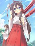  blue_eyes blush brown_hair gohei japanese_clothes long_hair miko multiple_girls original torii usume_shirou 