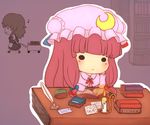  blush book bookshelf candle chibi crescent crescent_hair_ornament eighth_note hair_ornament hat kirisame_marisa multiple_girls musical_note no_hat no_headwear o_o patchouli_knowledge reading rei_(tonbo0430) solid_circle_eyes spoken_musical_note theft touhou 