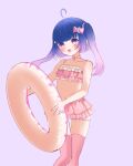  1girl 2024 :d ahegao ahoge bare_shoulders bikini bikini_skirt blue_hair blunt_bangs blush bow doughnut flat_chest food frilled_bikini frills gradient_hair hair_bow hair_ribbon highres holding holding_swim_ring indie_virtual_youtuber innertube littlenii long_hair multicolored_hair neppirin open_mouth pink_bikini pink_hair pink_thighhighs pointy_ears purple_eyes purple_hair ribbon simple_background smile solo swim_ring swimsuit thighhighs twintails virtual_youtuber 