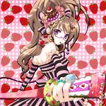  bad_id bad_pixiv_id bare_shoulders beads blueberry bow brown_hair cake cake_hair_ornament candy_hair_ornament cookie_hair_ornament food food_themed_clothes food_themed_hair_ornament food_themed_ornament foreshortening fruit glasses hair_bow hair_ornament hairclip heart jewelry katana kuroto_usagi looking_back macaron mouth_hold original pocky ponytail purple_eyes ring solo strawberry striped sword weapon 