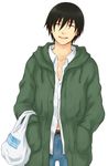  bad_id bad_pixiv_id bag black_hair closed_eyes darker_than_black denim hands_in_pockets hei jeans male_focus momi_(s4101) navel pants simple_background smile solo white_background 
