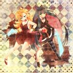  blonde_hair blue_eyes blue_hair dress gun kanji_(bekoji) long_hair multiple_girls panty_&amp;_stocking_with_garterbelt panty_(psg) red_dress smile stocking_(psg) striped striped_legwear sword thighhighs weapon 