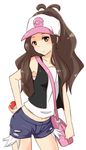  brown_hair exposed_pocket hat holding holding_poke_ball long_hair michigan poke_ball pokemon pokemon_(game) pokemon_bw shorts solo touko_(pokemon) 