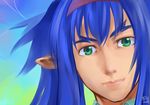  bandana blue_hair eyebrows face green_eyes klan_klein lips macross macross_frontier meltrandi pointy_ears portrait realistic satta_naoto solo zentradi 