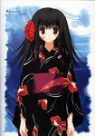  absurdres black_hair copyright_request flower hair_flower hair_ornament highres japanese_clothes kimono long_hair mitsumi_misato non-web_source red_eyes solo 