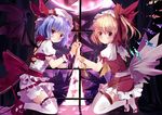  bat_wings blonde_hair blue_hair broken_glass embellished_costume flandre_scarlet frills garters glass hat holding_hands jpeg_artifacts multiple_girls red_eyes remilia_scarlet short_hair siblings side_ponytail sisters thighhighs touhou white_legwear window wings xephonia zettai_ryouiki 