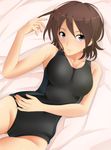  amagami black_eyes brown_hair competition_swimsuit face kishida-shiki lying one-piece_swimsuit short_hair solo swimsuit takahashi_maya thigh_gap 