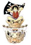  1girl 4boys anchor black_hair blonde_hair bracelet cigarette crossed_arms east_blue formal goggles going_merry green_hair hair_over_one_eye haramaki hat highres indian_style jewelry jolly_roger leaning male monkey_d_luffy multiple_boys nami nami_(one_piece) oda_eiichiro oda_eiichirou official_art one_piece orange_hair overalls perspective pirate pirate_flag railing red_vest rope roronoa_zoro sandals sanji scar ship shirt shorts sitting smile smoking standing straw_hat striped striped_shirt suit tattoo teeth usopp vest white_shirt 