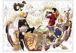  1girl 2000 2boys black_hair blonde_hair border bottle color_spread colorspread cover cover_page denim drinking fur_trim gloves goggles hat highres horns jacket jeans map mittens monkey_d_luffy monster mountain mountains multiple_boys nami nami_(one_piece) oda_eiichiro oda_eiichirou official_art one_piece orange_hair outdoors pants paper quill quilted_jacket rope sanji scar scarf scenery sharp_teeth sitting sleigh snow snowing straw_hat tree trees 