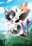  black_hair black_legwear black_wings cloud day fan flying geta hat highres kamiya_tomoe looking_at_viewer open_mouth red_eyes scenery shameimaru_aya short_hair skirt sky smile solo tengu-geta thighhighs touhou tree wings 