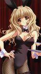  animal_ears blonde_hair bow bowtie breasts bunny_ears bunnysuit carnelian cleavage cocktail_glass copyright_request cup detached_collar drinking_glass fishnet_pantyhose fishnets hand_on_hip highres large_breasts leg_garter light_smile long_hair pantyhose solo tray wavy_hair wrist_cuffs 