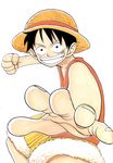 1boy black_hair clenched_hand fighting_stance fist hat highres male male_focus monkey_d_luffy oda_eiichiro oda_eiichirou official_art one_piece red_vest scar shorts simple_background smile solo straw_hat teeth vest white_background 