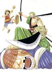  3boys crying dual_wielding green_hair haramaki hat highres japanese_clothes male male_focus monkey_d_luffy mouth_hold multiple_boys muscle oda_eiichiro oda_eiichirou official_art one_piece red_vest robe roronoa_zoro sandals sash shorts simple_background smile straw_hat sword tattoo triple_wielding vest weapon white_background 