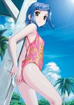  ass backless_outfit blue_hair breasts day floral_print game_cg green_eyes hair_ornament hairclip happoubi_jin highres koromogae_maya one-piece_swimsuit outdoors pink_swimsuit print_swimsuit resort_boin short_hair small_breasts solo swimsuit 