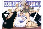  1girl 4boys bear black_hair blonde_hair cigarette colorspread copyright_name cover cover_page female green_hair hair_over_one_eye haramaki hat highres lipstick makeup monkey_d_luffy multiple_boys nami nami_(one_piece) oda_eiichiro oda_eiichirou offical_art official_art one_piece open_clothes open_mouth open_shirt orange_hair overalls roronoa_zoro sandals sanji scar sheathed_sword shirt sitting smoking sword tattoo title_drop usopp weapon 