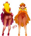  2girls ass blonde_hair blue_eyes breasts brown_hair crown curvy earrings highres hip_focus hips jewelry lifted_by_self long_hair looking_at_viewer mario_(series) midriff multiple_girls navel_piercing nintendo panties piercing princess_daisy princess_peach robert_porter skirt skirt_lift super_mario_bros. super_mario_land teasing thick_thighs thighs thong underwear wide_hips 