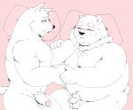  2019 anthro asael_(jumperbear) balls bed belly black_nose blush butt canid canine canis domestic_dog duo flaccid hugo_(jumperbear) humanoid_hands jumperbear lying male male/male mammal moobs navel overweight overweight_male penis pillow simple_background ursid 