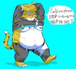  2019 anthro belly blue_background blush burrnie clothing english_text felid fur humanoid_hands male mammal moobs navel nipples overweight overweight_male pantherine pants shirt simple_background solo text tiger undressing yellow_fur 