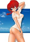  ass blue_eyes bottomless breasts condensation_trail genderswap genderswap_(mtf) medium_breasts ranma-chan ranma_1/2 red_hair saotome_ranma satoshi_igarashi see-through shirt solo third-party_edit twisted_torso wet wet_clothes wet_shirt 
