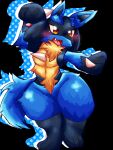 2026 anthro arm_spikes black_background black_body black_fur blue_body blue_fur blush blush_lines canid canine canis chest_spike colored colored_line_art curvy_figure cute_fangs daww digital_drawing_(artwork) digital_media_(artwork) facial_markings fangs featureless_crotch felipotyphlosion fluffy fur generation_4_pokemon gloves_(marking) happy head_markings hi_res lucario male male_anthro mammal markings neck_tuft nintendo open_mouth open_smile outline pawpads paws pokemon pokemon_(species) red_eyes simple_background smile solo spikes spikes_(anatomy) tan_body tan_fur teeth thick_thighs tongue tuft wide_hips wolf