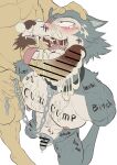abs absurd_res anthro beastars blush bodily_fluids body_writing bubble canid canine canis censor_bar censored censored_genitalia censored_penis chain chain_leash chastity_cage chastity_device collar cum cum_bubble cum_dumpster cum_from_mouth cum_in_mouth cum_inside cum_on_face cum_strand cum_string degradation duo erection foreskin genital_fluids genitals hands_behind_back head_grab hi_res high-angle_view humiliation kneeling leash leashed_collar legoshi_(beastars) looking_up male male/male mammal messy mind_break muscular muscular_male nipple_piercing nipple_ring nipples pecs penis piercing pubes retracted_foreskin ring_piercing shirushiru_r simple_background snot standing tally_marks tears three-quarter_view tongue tongue_out vein veiny_penis white_background wolf