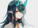  1girl arknights black_collar black_hair china_dress chinese_clothes collar commentary dragon_horns dress dusk_(arknights) ear_piercing expressionless green_hair grey_background hair_over_one_eye horns looking_at_viewer miike_(992058) multicolored_hair necktie piercing pointy_ears portrait red_eyes red_neckwear simple_background sleeveless sleeveless_dress solo streaked_hair white_dress 