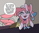 2025 anthro black_text blue_body blue_eyes blue_fur blush blush_lines bow_(anatomy) clothed clothed_anthro clothed_male clothing cute_fangs desk dialogue dipstick_ears ear_markings eeveelution english_text fangs fur furniture generation_6_pokemon hi_res inside kerchief leaning leaning_forward male markings multicolored_body multicolored_ears multicolored_fur neckerchief neckwear nintendo odeko-yma open_mouth open_smile pattern_kerchief pattern_neckerchief pink_body pink_fur pink_tail pix_(odeko-yma) pokemon pokemon_(species) pokemon_mystery_dungeon pokemorph red_nose ribbons_(anatomy) smile solo speech_bubble spike_chunsoft striped_kerchief striped_neckerchief sylveon table tail tail_motion tailwag teeth text uniform white_body white_fur