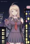  1girl ahoge akamatsu_kaede bag bangs blonde_hair blurry blurry_background breasts cellphone city closed_mouth collarbone commentary_request cowboy_shot danganronpa_(series) danganronpa_v3:_killing_harmony ewa_(seraphhuiyu) expressionless hair_ornament hairclip hand_up highres holding holding_phone long_hair long_sleeves looking_at_viewer medium_breasts miniskirt musical_note_hair_ornament neckerchief night official_alternate_costume outdoors phone pleated_skirt purple_eyes purple_skirt sailor_collar school_bag school_uniform serafuku shirt shoulder_bag skirt smartphone solo standing swept_bangs 