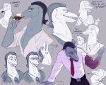 accessory anthro clothed clothing container cup disney drinking english_text glass glass_container glass_cup growth hair limb_growth lizard male necktie open_clothing open_shirt open_topwear pecs regeneration reptile scalie septarian shirt skeleslime-phantom star_vs._the_forces_of_evil suit text toffee_(svtfoe) topwear