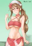  1girl alternate_costume anti_(untea9) bikini breasts brown_eyes brown_hair cleavage collarbone cowboy_shot gradient gradient_background green_background highres kantai_collection large_breasts littorio_(kancolle) long_hair looking_at_viewer navel ponytail red_bikini red_sarong sarong smile solo swimsuit twitter_username underboob wavy_hair 
