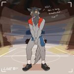 1:1 anthro blush blush_lines clothing covering covering_crotch covering_self dialogue english_text footwear fuze generation_3_pokemon hair hi_res inside looking_at_viewer male navel nintendo open_mouth pawl_(fuze) pokemon pokemon_(species) poochyena recording ripped_underwear sharp_teeth shirt shoes socks solo standing tail teeth text topwear torn_clothing torn_shirt torn_topwear wardrobe_malfunction white_clothing white_footwear white_socks yellow_sclera