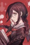  1girl bangs black-framed_eyewear black_serafuku black_shirt blood blood_splatter book braid closed_mouth commentary_request danganronpa:_trigger_happy_havoc danganronpa_(series) ewa_(seraphhuiyu) fukawa_touko glasses hand_on_own_cheek hand_on_own_face highres holding holding_book long_hair long_sleeves looking_at_viewer mole mole_under_mouth neckerchief open_book red_background red_neckwear round_eyewear sailor_collar school_uniform serafuku shirt solo twin_braids upper_body 