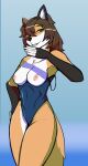 2026 amber_(sylvie_foxxo) anthro black_nose breasts canid canine clothing female fluffy fluffy_tail fox fur green_eyes hair hair_over_eye hi_res looking_at_viewer mammal nipples one-piece_swimsuit orange_body orange_fur outside portrait shadow sillyvladek smile solo swimwear tail three-quarter_portrait white_body white_fur