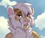 2026 ambiguous_gender anthro blonde_hair blue_eyes brown_eyebrows brown_markings cheek_tuft cloud colored day digital_drawing_(artwork) digital_media_(artwork) ear_piercing eyebrows facial_tuft fangs felid felixcartoons fur hair hi_res jae_(felixcartoons) mammal markings nude_anthro outside piercing pink_nose pink_tongue prehistoric_species saber-toothed_tiger sabertooth_(anatomy) shaded short_hair sky snout solo tan_body tan_fur teeth tongue toony tuft yellow_body yellow_fur