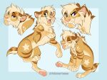 2025 4:3 4_toes black_eyebrows blep blonde_hair blue_eyes brown_markings cheek_tuft chest_tuft eyebrows facial_tuft fangs feet felid felixcartoons feral flat_colors fluffy fur hair hi_res jae_(felixcartoons) looking_at_viewer looking_away male mammal markings mouth_closed multicolored_body multicolored_fur multiple_poses open_mouth pawpads paws pink_nose pink_pawpads pink_tongue pose prehistoric_species quadruped raised_eyebrows saber-toothed_tiger sabertooth_(anatomy) short_hair short_tail smile solo star_(marking) tail tan_body tan_fur teeth toes tongue tongue_out tuft whiskers yellow_body yellow_fur