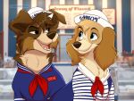 2026 4:3 alternate_species bird_dog blue_eyes brown_body brown_eyes brown_fur brown_nose canid canine canis clothed clothed_feral clothing colored digital_drawing_(artwork) digital_media_(artwork) domestic_dog duo english_text eye_contact eyelashes felixcartoons female female_feral feral floppy_ears freckled_face freckles fur hair hat headgear headwear hi_res hunting_dog inside looking_at_another male male_feral mammal open_mouth pink_tongue shaded shirt short_hair smile smiling_at_another smiling_at_each_other snout spaniel stranger_things tan_body tan_fur teeth text tongue toony topwear