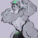 1:1 abs alvin_(melaisen) anthro arm_tuft bear big_muscles big_pecs black_clothing black_underwear clothed clothed_male clothing elbow_tuft eyebrows flexing flexing_bicep fur giant_panda green_eyes green_smoke grey_background grey_body grey_fur hair hand_on_own_arm hi_res huge_pecs looking_at_arm looking_at_own_arm male male_anthro mammal melaisen monochrome muscular muscular_anthro muscular_male nipples open_mouth open_smile pecs portrait simple_background skimpy_underwear smile smoke solo teeth three-quarter_portrait topless topless_anthro topless_male tuft underwear underwear_only
