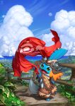 absurd_res ambiguous_anthro ambiguous_gender anthro blue_body blue_skin blue_sky building clothed clothed_ambiguous clothed_anthro clothing cloud detailed_background fence fin fin_piercing fin_ring flower furgonomic_piercing furgonomics generation_3_pokemon green_eyes hi_res leaf mudkip nintendo on_one_leg open_mouth open_smile piercing plant pokemon pokemon_(species) pokemon_mystery_dungeon poncho raised_foot semi-anthro sky smile solo spacejunk spike_chunsoft standing windmill wood wood_fence