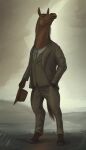 2020 anthro black_eyes black_hooves bow_tie brown_body brown_clothing brown_ears brown_hat brown_headwear brown_tail clothing coat equid equine grey_bow_tie grey_clothing grey_coat grey_topwear hat headgear headwear hi_res holding_clothing holding_hat holding_headgear holding_headwear holding_object hooves horse horse_tail kelenkenwithfangs male mammal oil_painting_(artwork) painting_(artwork) simple_background solo tail tan_background topwear traditional_media_(artwork) traditional_painting_(artwork)