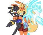2025 5_fingers anthro black_body black_fur black_hair black_nose blitz_(odeko-yma) bottomwear cheek_tuft clothed clothing collared_shirt dress_shirt duo eeveelution english_text eyebrows eyes_closed facial_tuft fingers flareon flower_necklace fluffy fluffy_tail fur generation_1_pokemon generation_2_pokemon hair hi_res holding_another lucky_(odeko-yma) male markings mouth_closed neck_tuft nintendo odeko-yma orange_body orange_fur pattern_clothing pattern_shirt pattern_topwear pokemon pokemon_(species) pokemorph purple_bottomwear purple_clothing purple_shorts ring_(marking) shirt shorts simple_background standing tail text thick_eyebrows topless topless_anthro topless_male topwear tuft umbreon water white_background yellow_body yellow_fur yellow_markings