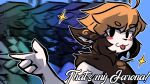 16:9 ahoge anthro blonde_hair blush brown_body brown_eyebrows brown_fur cyan_background ear_markings ear_tuft eyebrows eyewear funnie_meister fur fur_markings fuseadrift gesture gradient_background hair hand_gesture hi_res hybrid male markings multicolored_hair pointing pose simple_background snout solo sparkles tongue tongue_out tuft white_body white_fur widescreen