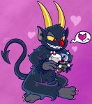 2_horns barefoot black_body black_fur character_plushie claws cuphead_(character) cuphead_(game) demon demon_humanoid doll feet forked_tail fur heart_symbol hi_res holding_object holding_plushie horn humanoid inanimate_object incestuous_fantasy male mugman not_furry now_kiss pink_background playing_with_toys plushie simple_background sinribbons solo stitch_(sewing) studio_mdhr tail the_devil_(cuphead) toy unusual_anatomy unusual_tail yellow_claws yellow_horn