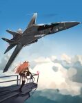  absurdres ace_combat ace_combat_5 ace_combat_7 aircraft airplane animal_ears black_legwear blaze_(ace_combat) blue_sky brown_hair brown_shirt cloud commentary crop_top day english_commentary fighter_jet gar32 green_jacket highres horse_ears jacket jet long_hair long_sleeves looking_away looking_to_the_side mayano_top_gun_(umamusume) midriff military military_vehicle open_clothes open_jacket outdoors razgriz rotating_light shirt short_shorts shorts sky standing star_(symbol) thighhighs umamusume vehicle_request very_long_hair white_shorts 