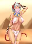 1girl absurdres ahoge alinlinlinglin alternate_costume antennae arknights arm_up armpits bangs bare_arms bare_shoulders breasts commentary cowboy_shot dark-skinned_female dark_skin desert egyptian_clothes eyebrows_visible_through_hair grin highres horns large_breasts looking_at_viewer midriff mouth_veil navel outdoors pelvic_curtain pyramid red_eyes revealing_clothes short_hair silver_hair smile solo standing stomach tail thighlet thighs usekh_collar veil w_(arknights) 